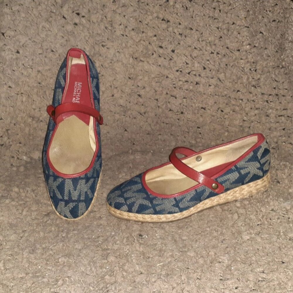 MICHAEL KORS-Signature Blue Denim w/Red Leather Accent-Mary Janes-Sz6-Excellent